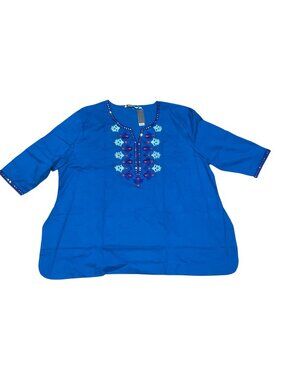 Ayurvastram Embroidered Blue Tunic Top Size 4X 3/4 Sleeves Lightweight Womens